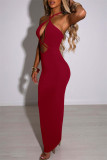 Red Fashion Sexy Solid Hollowed Out Backless Halter Long Dress