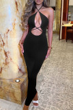 Red Fashion Sexy Solid Hollowed Out Backless Halter Long Dress