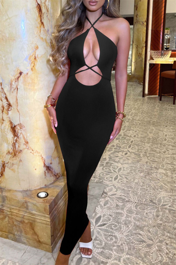 Black Fashion Sexy Solid Hollowed Out Backless Halter Long Dress