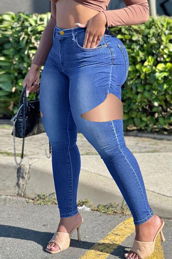 Medium Blue Casual Street Solid Hollowed Out Patchwork Plus Size Jeans