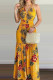 Yellow Sexy Print Patchwork Backless Halter Straight Dresses