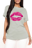 Deep Blue Fashion Casual Lips Printed Basic O Neck T-Shirts