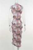 Brown Fashion Sexy Print Hollowed Out O Neck Sleeveless Dress