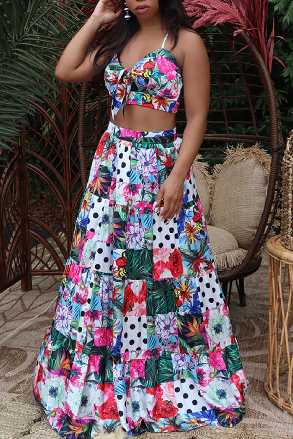 Colour Elegant Print Patchwork Spaghetti Strap Sleeveless Two Pieces