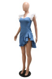 Blue Fashion Casual Solid Patchwork V Neck Irregular Dress