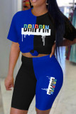 Blue Black Fashion Casual Print Patchwork O Neck Short Sleeve Two Pieces