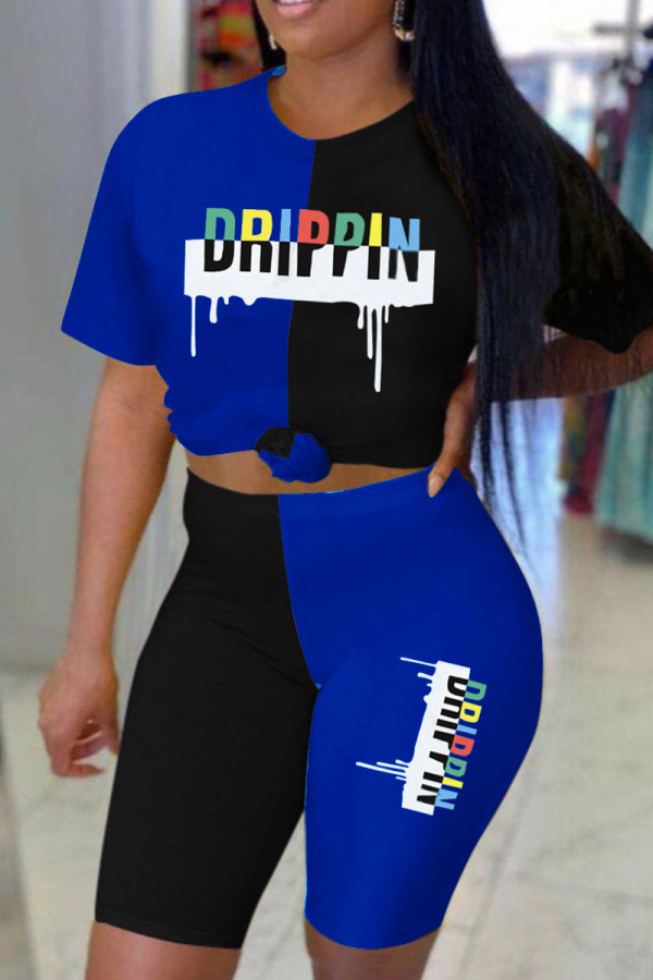 Blue Black Fashion Casual Print Patchwork O Neck Short Sleeve Two Pieces