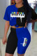 Blue Black Fashion Casual Print Patchwork O Neck Short Sleeve Two Pieces