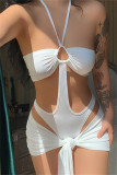 Pink Fashion Sexy Solid Hollowed Out Patchwork Backless Halter Sleeveless Two Pieces