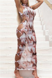 Brown Fashion Sexy Print Hollowed Out O Neck Sleeveless Dress
