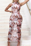 Brown Fashion Sexy Print Hollowed Out O Neck Sleeveless Dress
