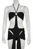 Pink Fashion Sexy Solid Hollowed Out Patchwork Backless Halter Sleeveless Two Pieces