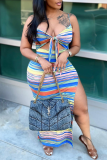 Multicolor Fashion Sexy Striped Print Hollowed Out Backless Slit Spaghetti Strap Long Dress