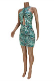 Cyan Fashion Sexy Print Bandage Backless Sleeveless Dress