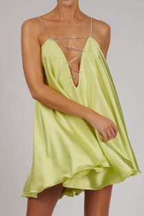 Green Yellow Sexy Solid Split Joint Chains Asymmetrical Spaghetti Strap A Line Dresses