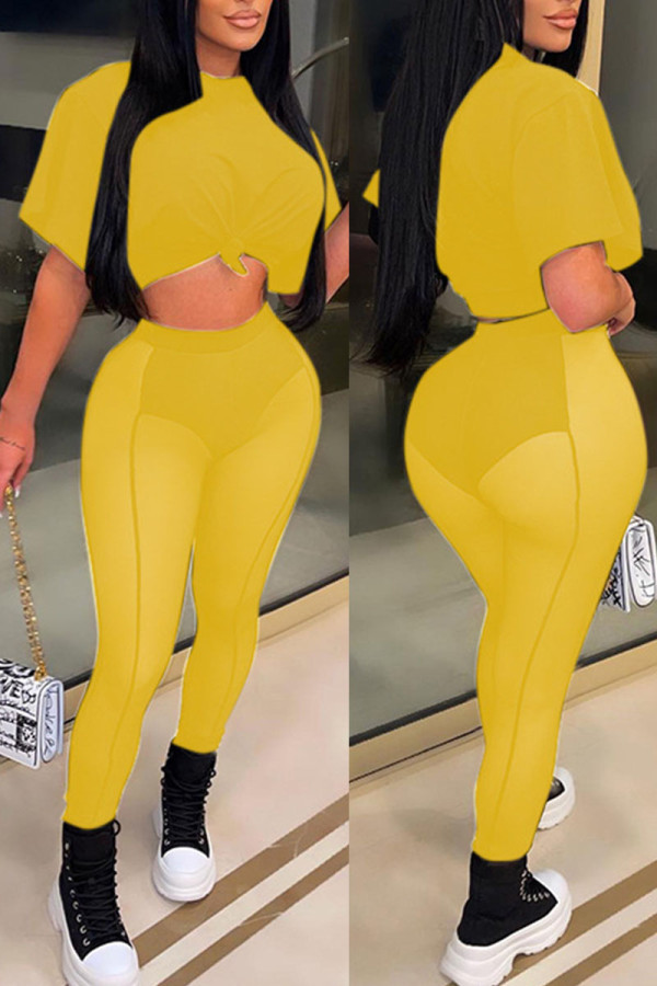 Yellow Sexy Solid Patchwork See-through O Neck Short Sleeve Two Pieces