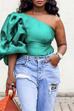Green Fashion Casual Solid Backless Oblique Collar Tops