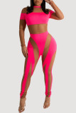 Rose Red Sexy Solid Patchwork See-through O Neck Long Sleeve Two Pieces