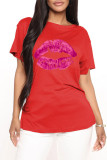Deep Blue Fashion Casual Lips Printed Basic O Neck T-Shirts