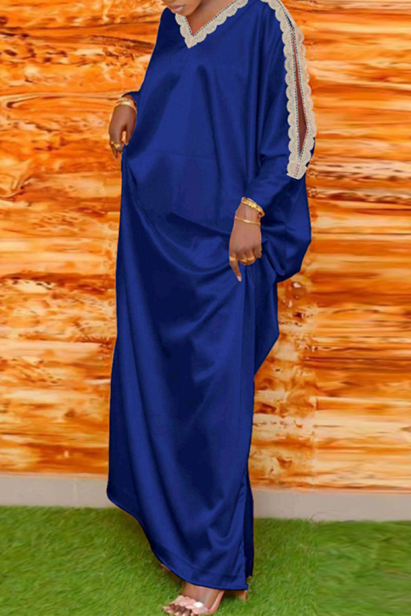 Royal Blue Fashion Casual Solid Hollowed Out Patchwork V Neck Long Sleeve Dresses