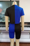 Blue Black Fashion Casual Print Patchwork O Neck Short Sleeve Two Pieces