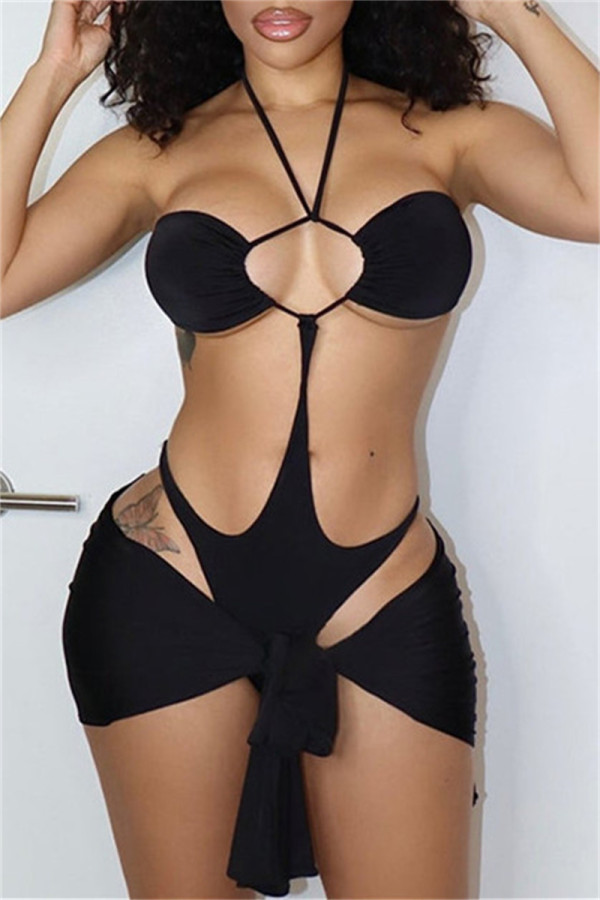 Black Fashion Sexy Solid Hollowed Out Patchwork Backless Halter Sleeveless Two Pieces