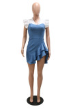 Blue Fashion Casual Solid Patchwork V Neck Irregular Dress