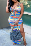 Multicolor Fashion Sexy Striped Print Hollowed Out Backless Slit Spaghetti Strap Long Dress