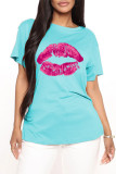Deep Blue Fashion Casual Lips Printed Basic O Neck T-Shirts