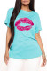Light Blue Fashion Casual Lips Printed Basic O Neck T-Shirts