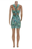 Cyan Fashion Sexy Print Bandage Backless Sleeveless Dress