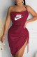Burgundy Fashion Sexy Print Asymmetrical One Shoulder Wrapped Skirt Dresses
