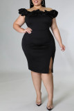 Black Fashion Sexy Plus Size Solid Patchwork Backless Slit Off the Shoulder Evening Dress