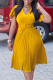 Yellow Casual Elegant Solid Patchwork Fold O Neck A Line Dresses