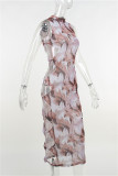 Brown Fashion Sexy Print Hollowed Out O Neck Sleeveless Dress