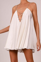 White Sexy Solid Split Joint Chains Asymmetrical Spaghetti Strap A Line Dresses