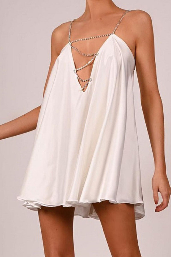 White Sexy Solid Split Joint Chains Asymmetrical Spaghetti Strap A Line Dresses