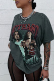 Black Casual Print Patchwork O Neck T-Shirts
