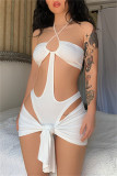 Pink Fashion Sexy Solid Hollowed Out Patchwork Backless Halter Sleeveless Two Pieces
