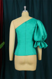 Green Fashion Casual Solid Backless Oblique Collar Tops