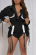 Black Casual Street Solid Patchwork Draw String Turndown Collar Straight Rompers