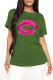 Army Green Fashion Casual Lips Printed Basic O Neck T-Shirts