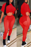Red Sexy Solid Patchwork See-through O Neck Short Sleeve Two Pieces