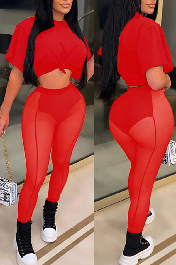 Red Sexy Solid Patchwork See-through O Neck Short Sleeve Two Pieces