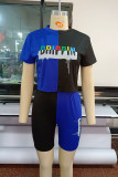 Blue Black Fashion Casual Print Patchwork O Neck Short Sleeve Two Pieces