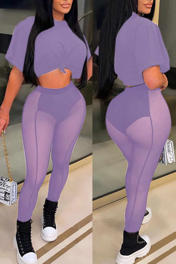 Purple Sexy Solid Patchwork See-through O Neck Short Sleeve Two Pieces