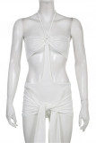 Pink Fashion Sexy Solid Hollowed Out Patchwork Backless Halter Sleeveless Two Pieces