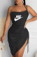 Black Fashion Sexy Print Asymmetrical One Shoulder Wrapped Skirt Dresses