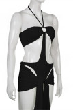 Pink Fashion Sexy Solid Hollowed Out Patchwork Backless Halter Sleeveless Two Pieces