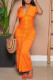 Orange Fashion Casual Solid Slit Fold Turndown Collar Short Sleeve Dress